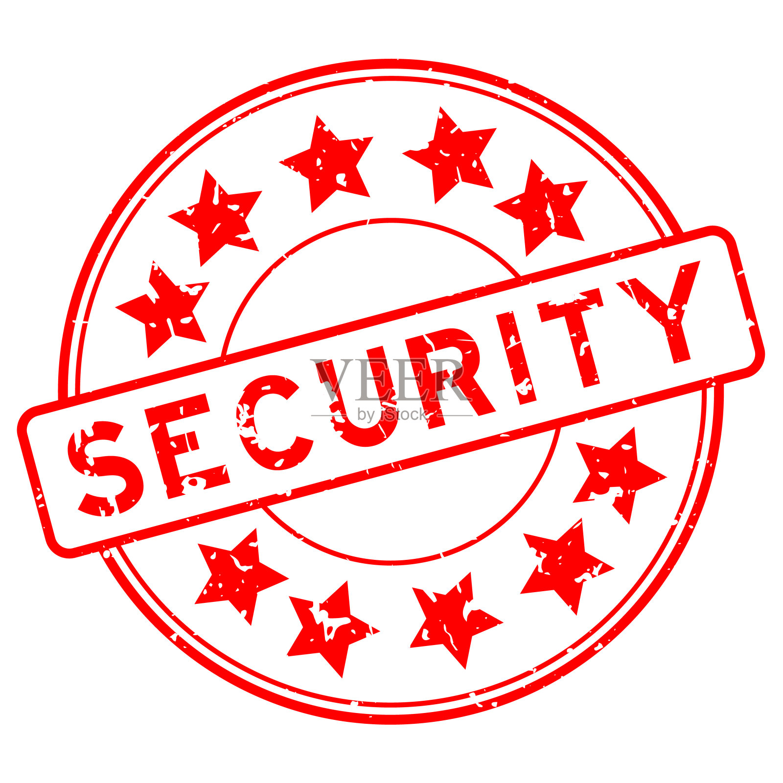 grunge风格红色安全字与星图标圆形橡胶印章在白色背景插画图片素材