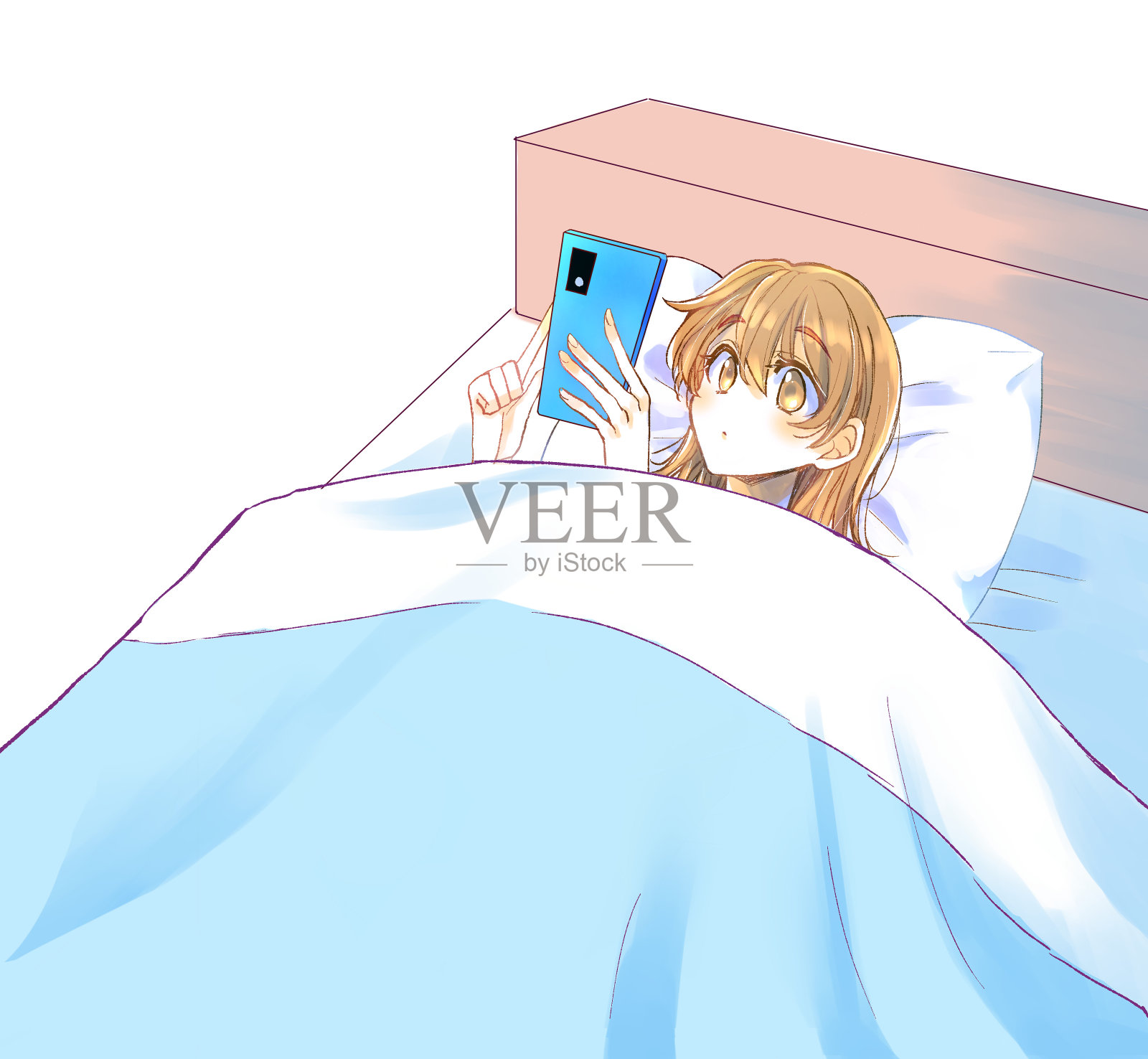 女人在床上看智能手机插画图片素材