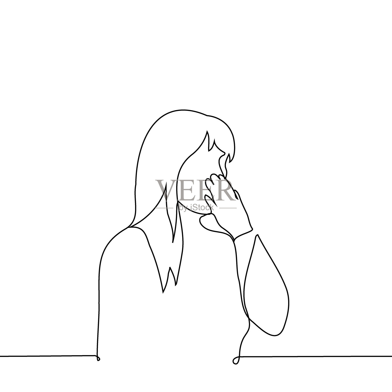 女人用手捂着嘴——一条线画矢量。打哈欠或休克的概念插画图片素材