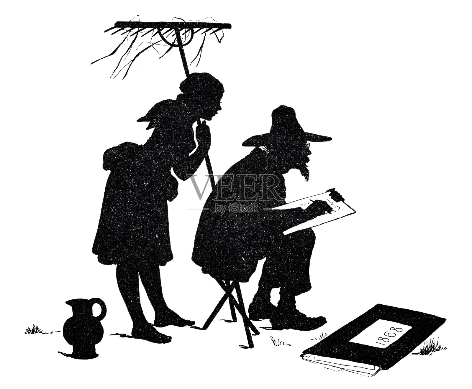 艺术家坐在户外的椅子上素描，而农民的妻子正在用耙子看结果插画图片素材