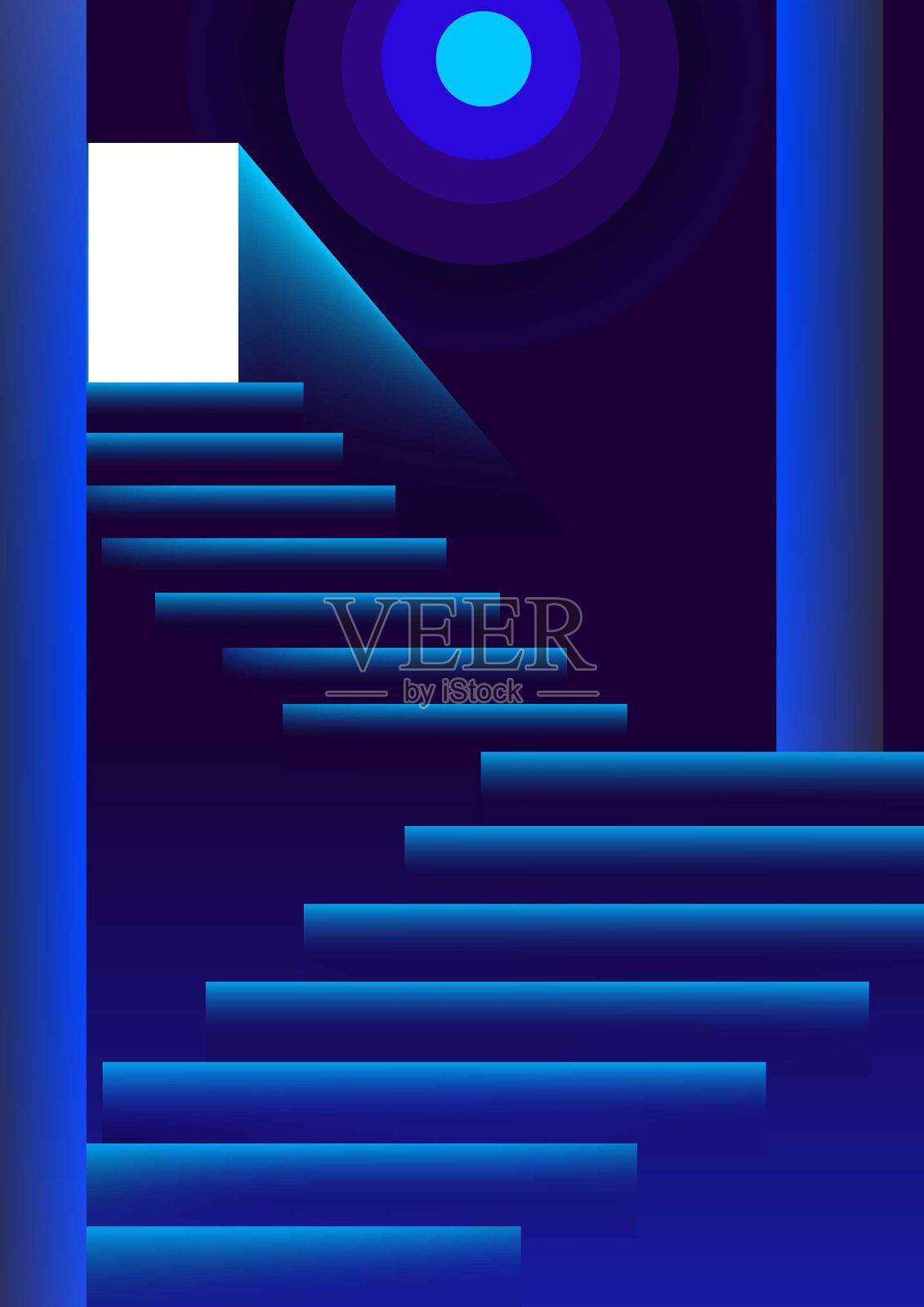 蓝色的楼梯，白色的月亮插画图片素材