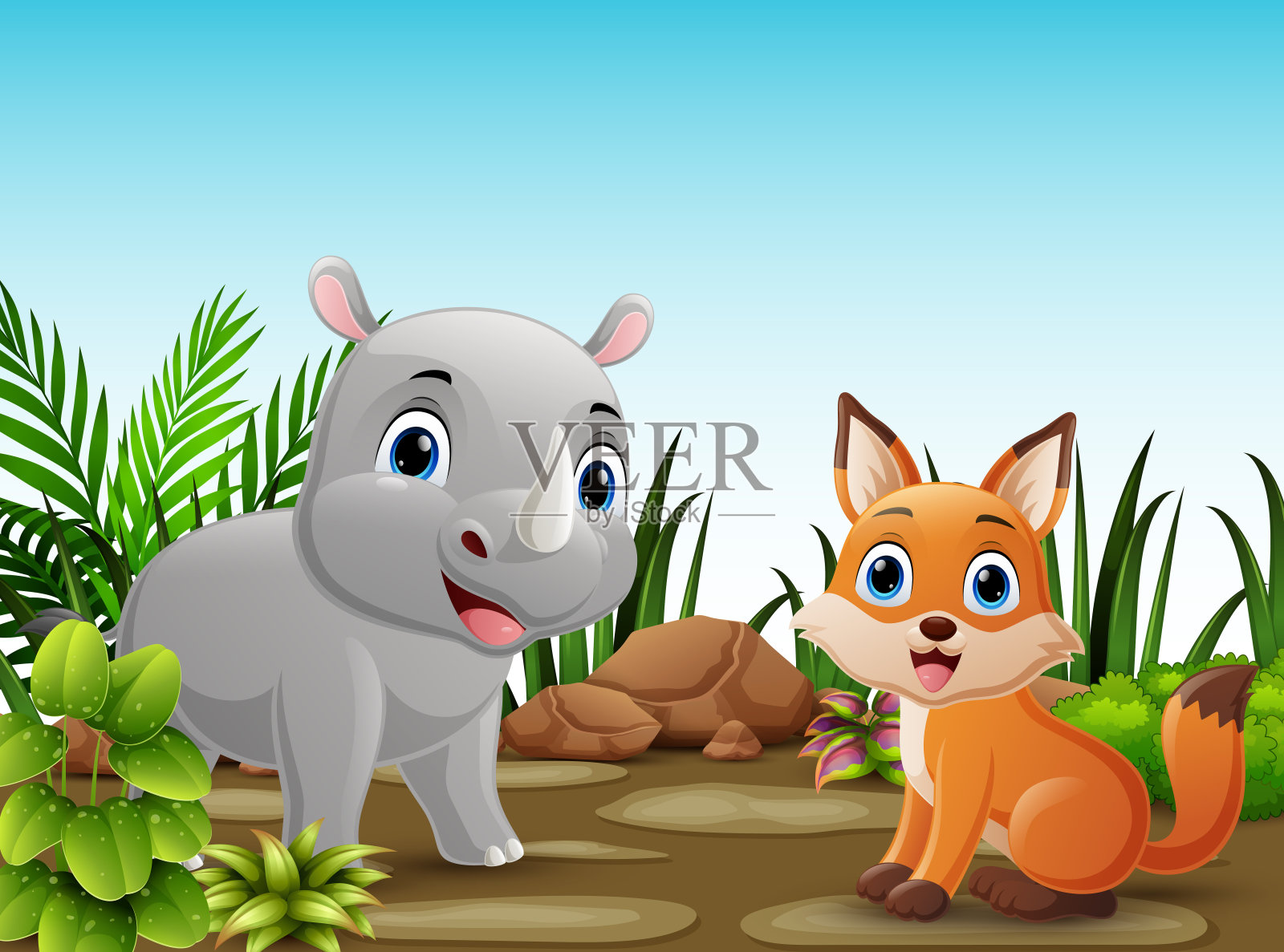 可爱的犀牛和狐狸卡通在森林里插画图片素材