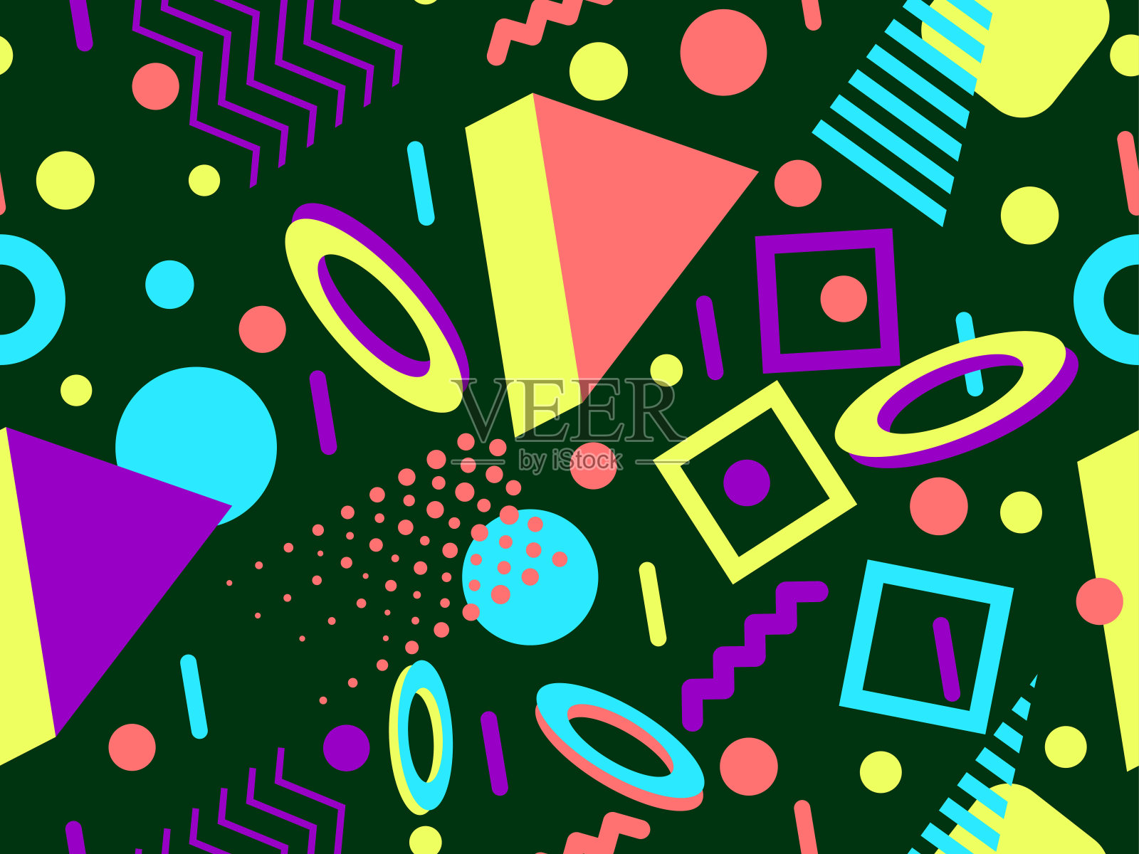 无缝图案与3d几何形状在80年代的风格。彩色几何图案与等距三维形状。促销产品的设计，包装和印刷。矢量图插画图片素材