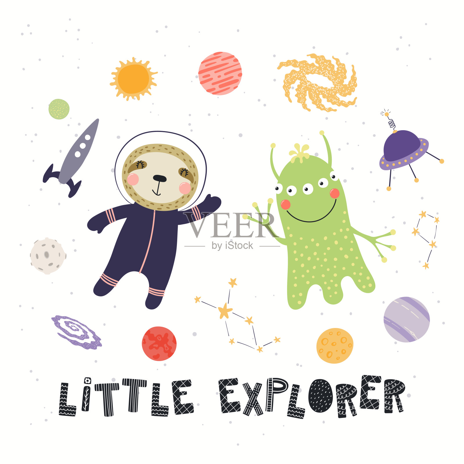 可爱的树懒宇航员和外星人插画图片素材