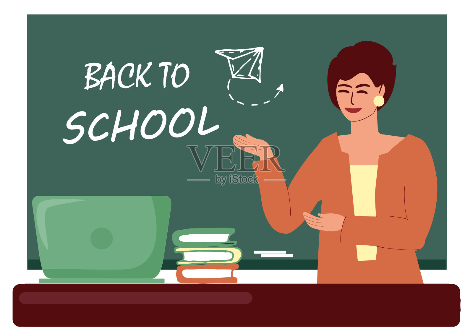 一位女老师站在黑板和桌子前，手里拿着笔记本电脑和书。黑板上用粉笔写着“回到学校”的字样。教育，学校，学习。矢量彩色插图插画图片素材