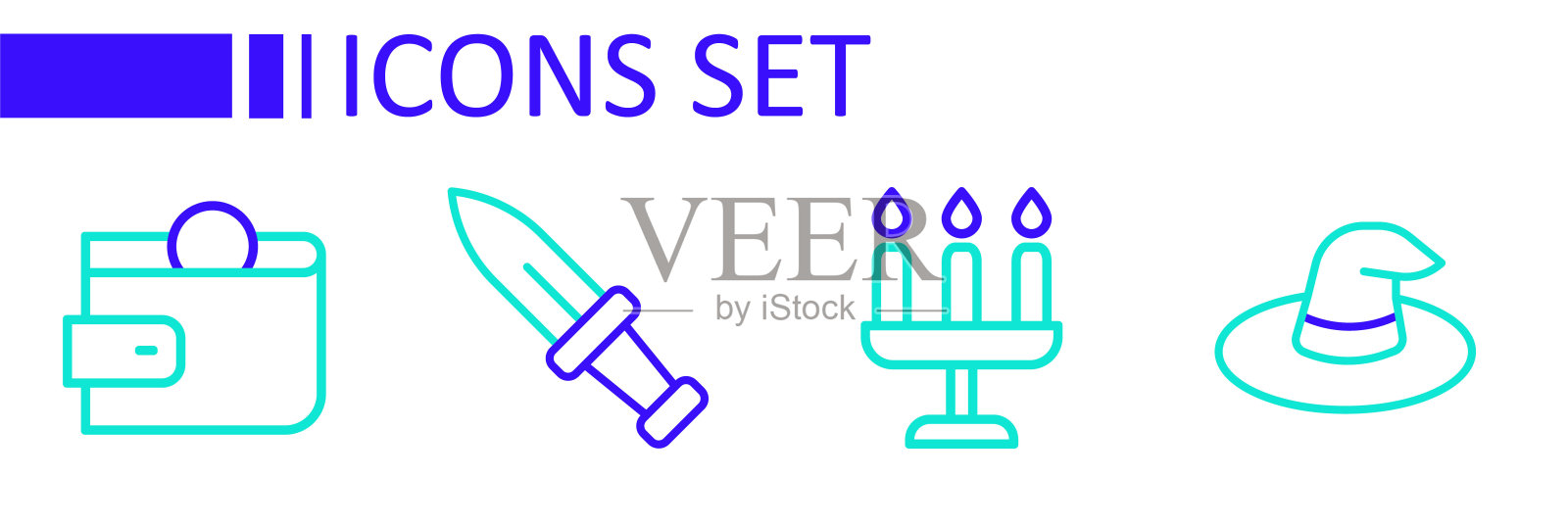 设置线女巫帽子，烛台，匕首和钱包图标。向量插画图片素材