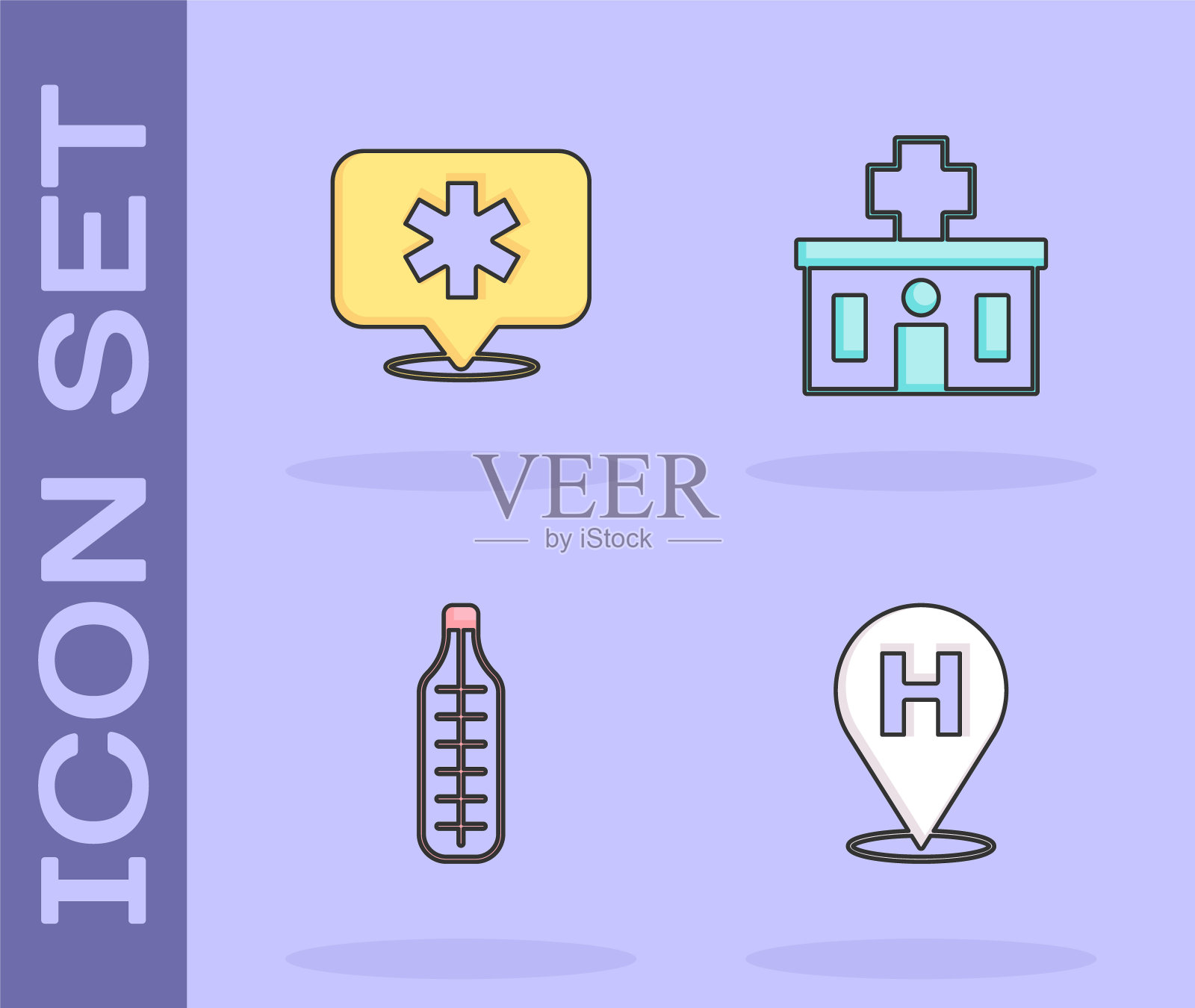 设置位置医院，医疗温度计和医院建筑图标。向量插画图片素材