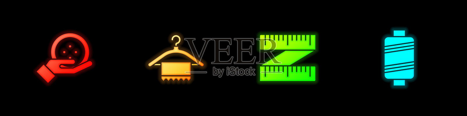 设置缝纫按钮，衣架衣柜，卷尺和线图标。向量插画图片素材