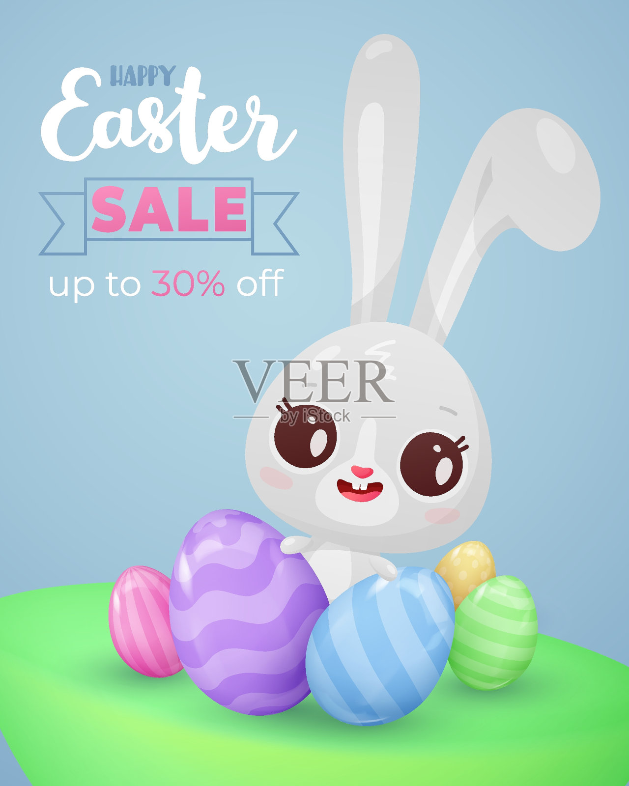销售海报与3d彩色鸡蛋与灰色兔子，坐在蓝色背景后面。复活节快乐海报。矢量插图卡，党，设计，传单，横幅，网络，广告插画图片素材