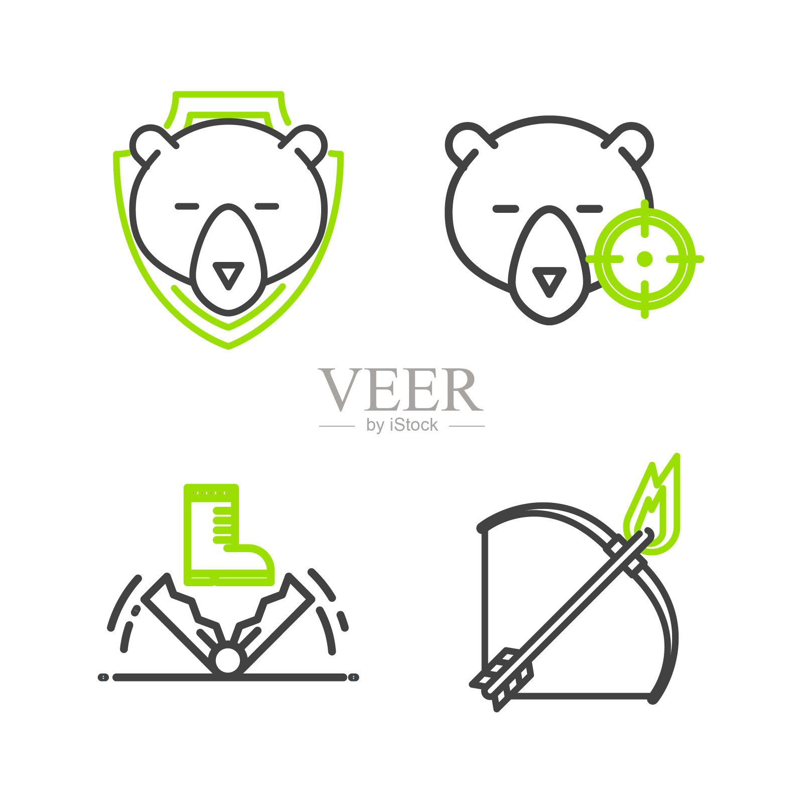 设置线弓和火箭，陷阱狩猎，狩猎熊与十字准星和熊头盾图标。向量插画图片素材