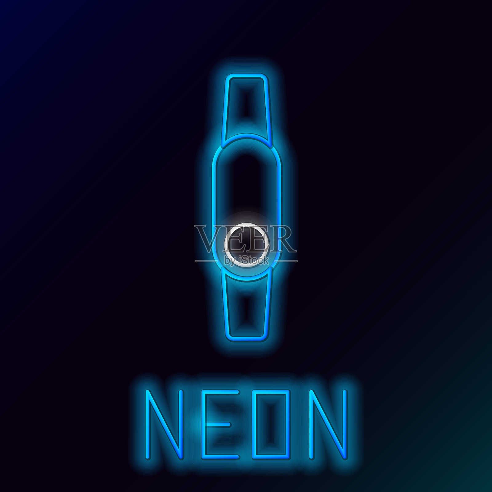 发光的霓虹灯线智能手表图标孤立的黑色背景。健身App概念。色彩缤纷的轮廓概念。向量插画图片素材