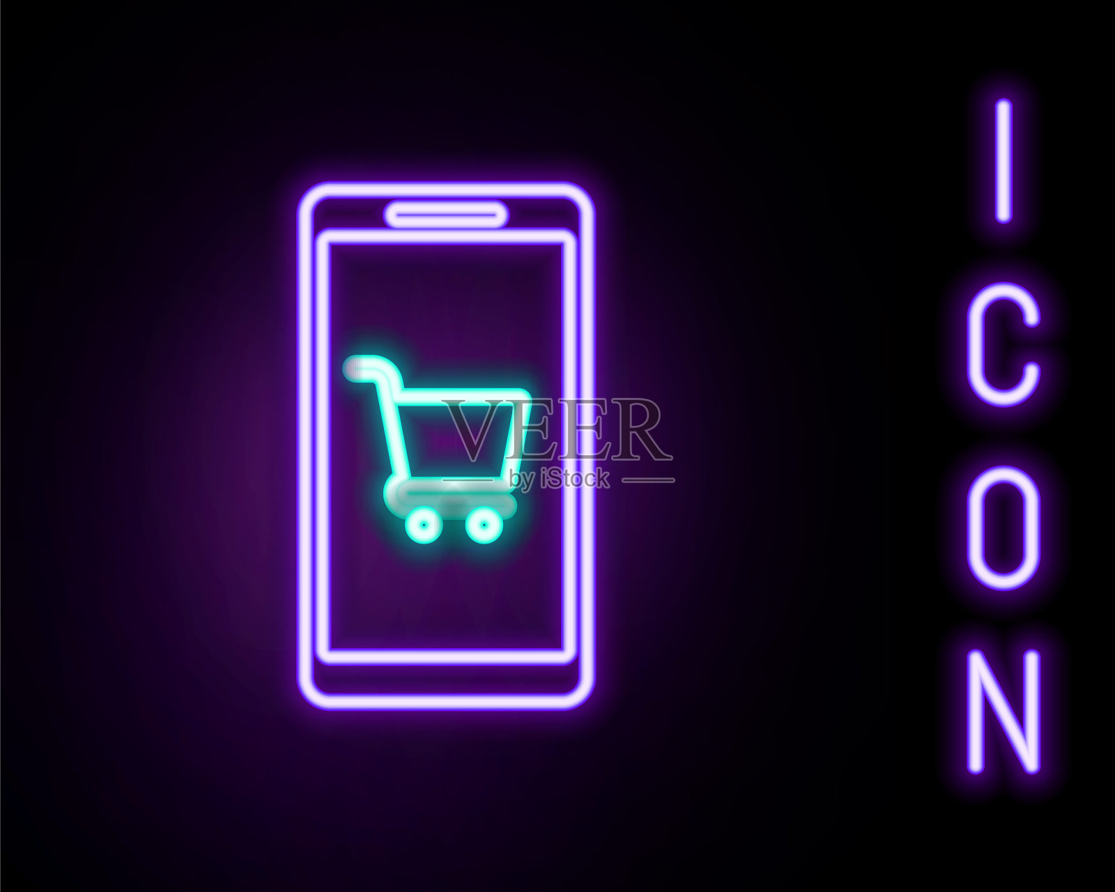 发光的霓虹灯线手机和购物车图标孤立的黑色背景。网上购物符号。超市篮子的标志。色彩缤纷的轮廓概念。向量插画图片素材