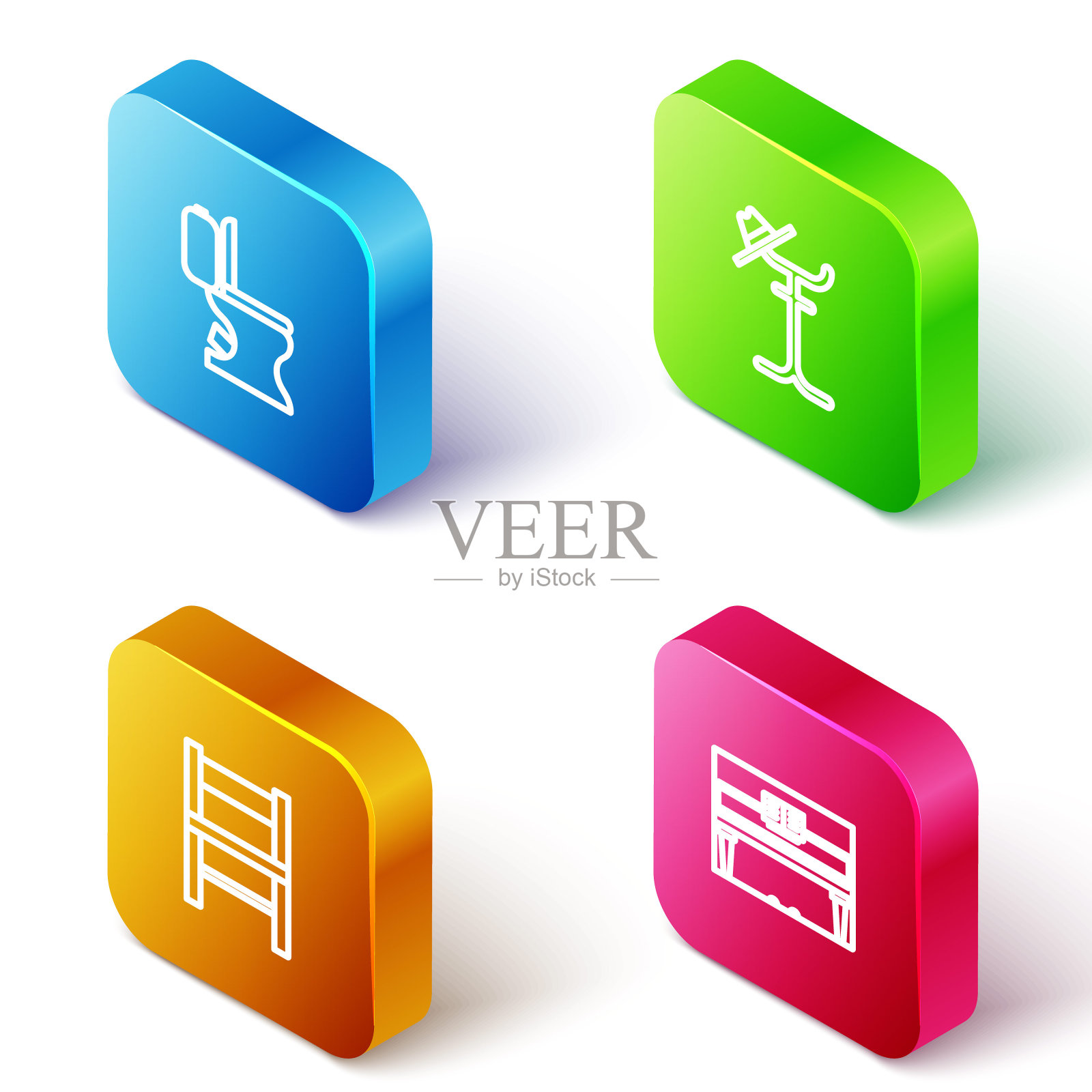 设置等距线马桶，大衣架，椅子和大钢琴图标。向量插画图片素材