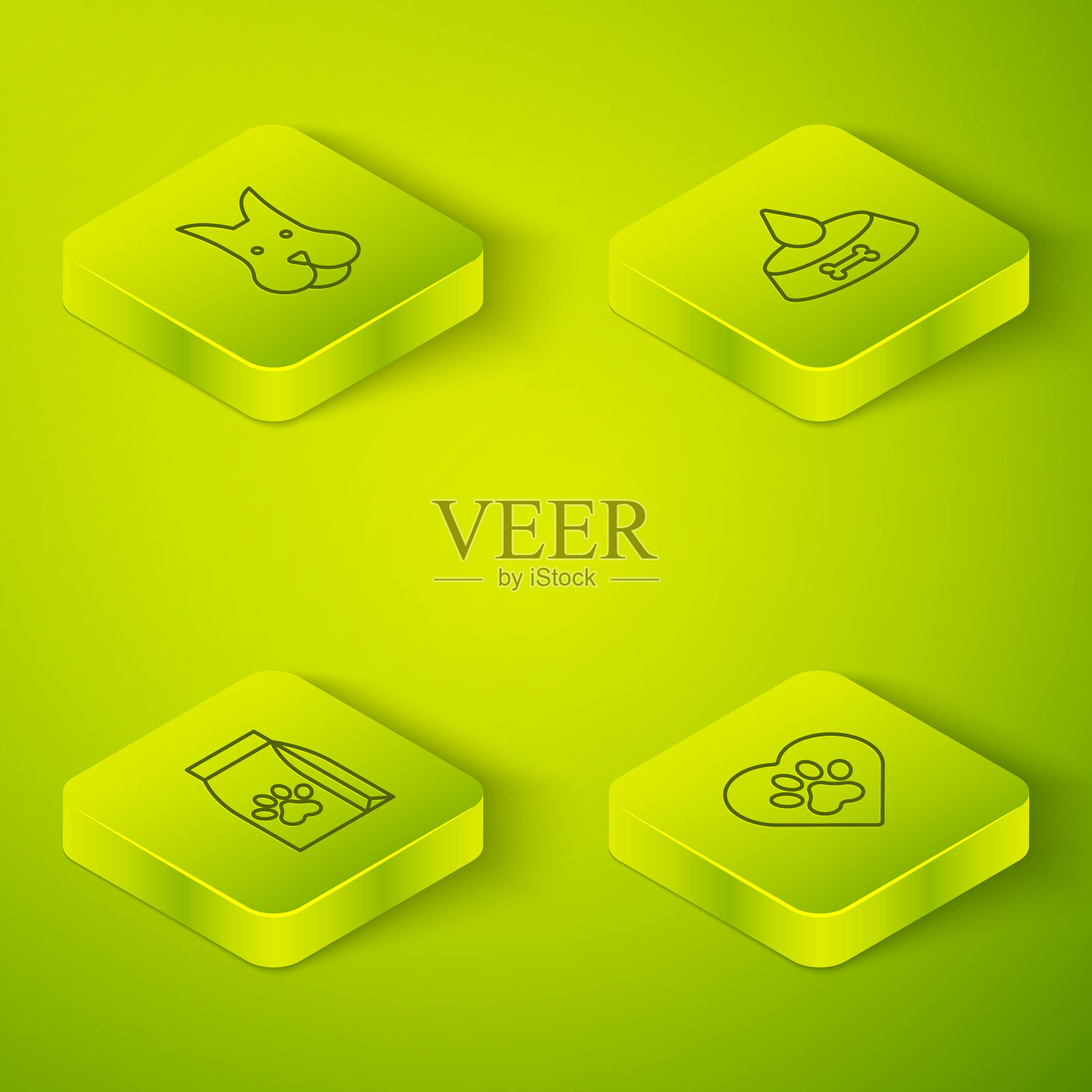 设置等距线宠物食品碗的猫或狗，袋的宠物，心脏与动物足迹和狗的图标。向量插画图片素材