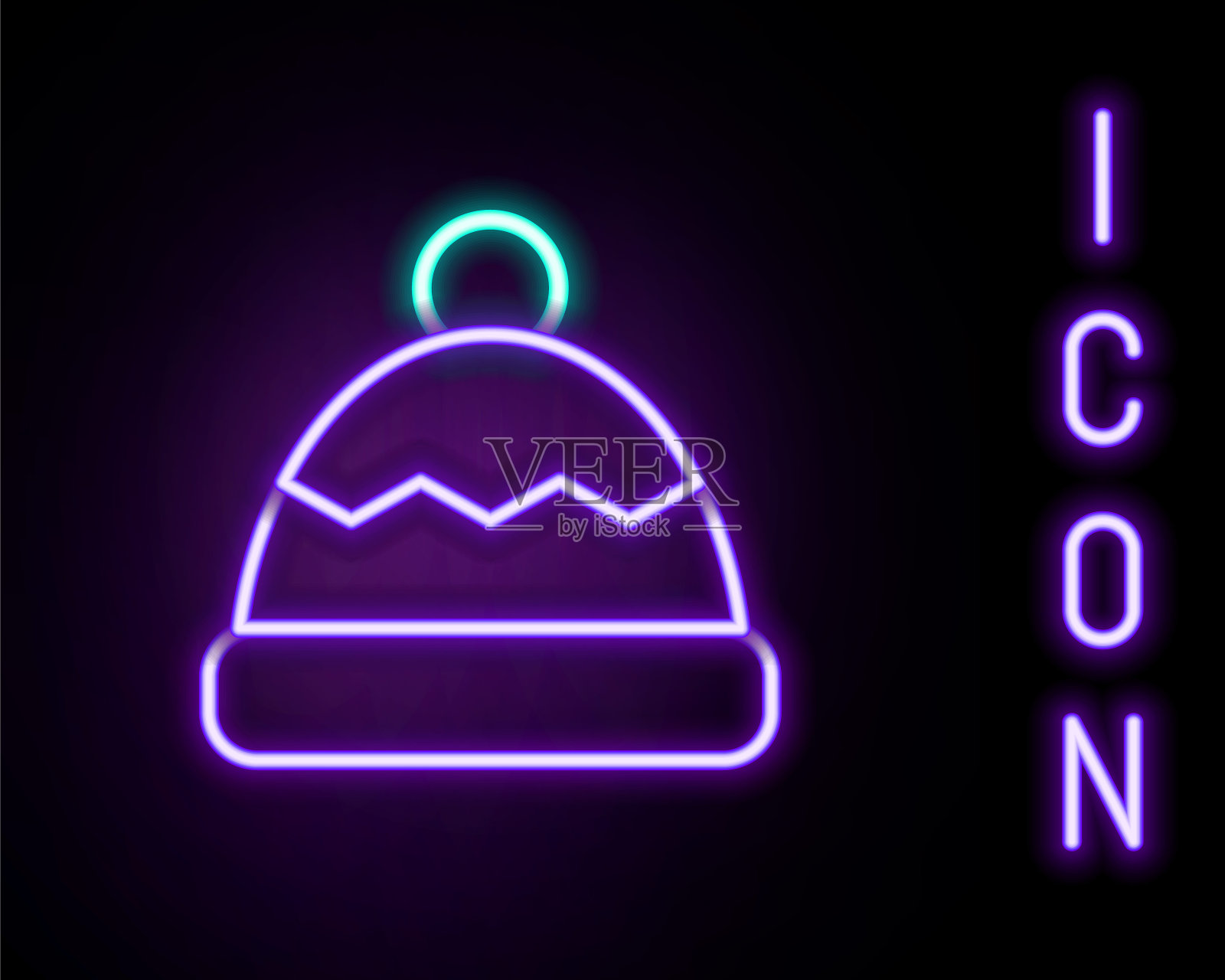 发光的霓虹灯线豆帽图标孤立的黑色背景。色彩缤纷的轮廓概念。向量插画图片素材