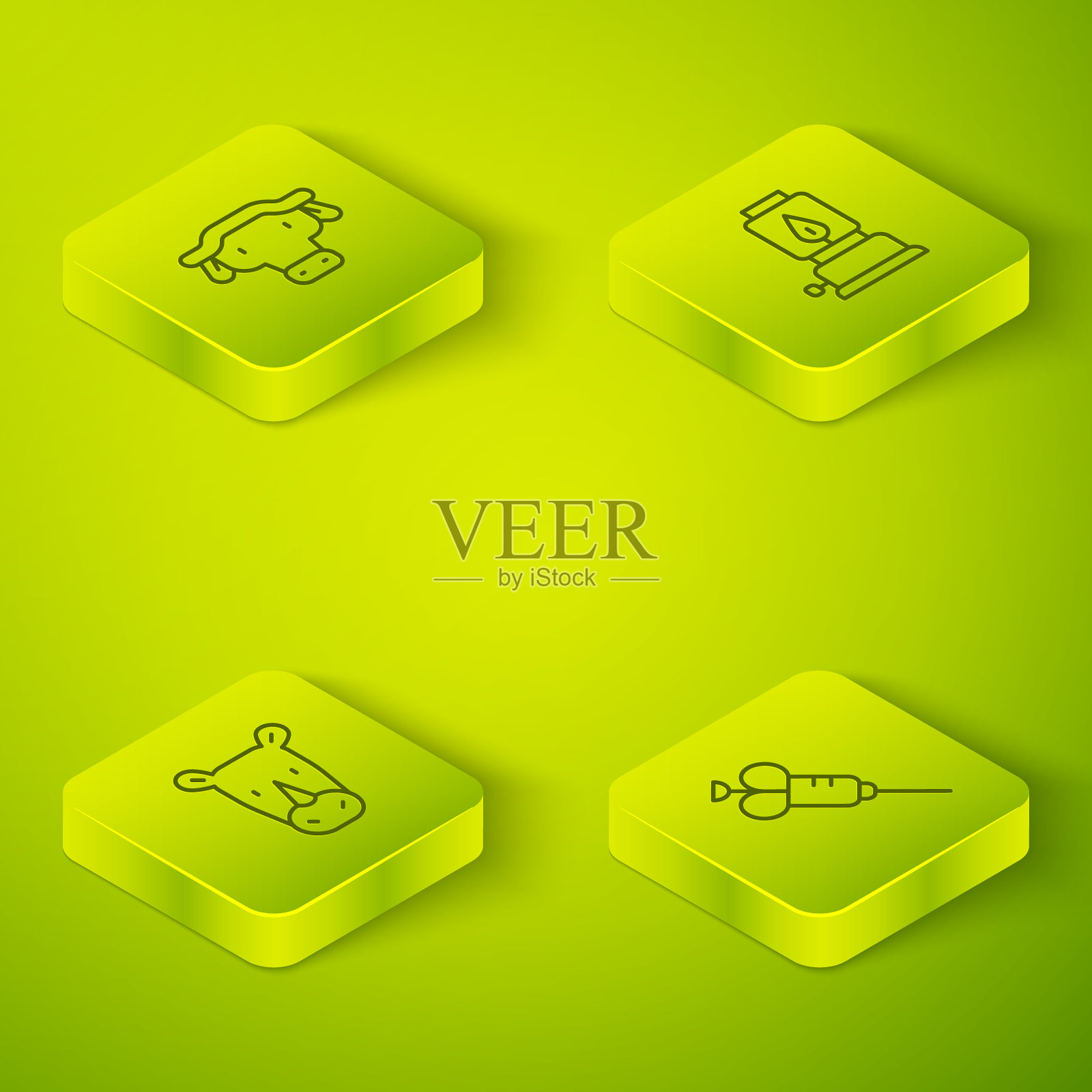 设置等距线野营灯，犀牛，注射器和非洲水牛头图标。向量插画图片素材