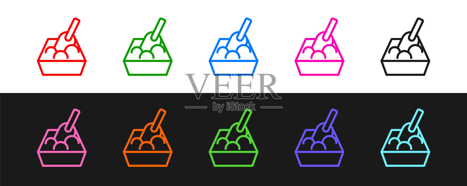 设置线猫砂盘铲图标孤立的黑色和白色背景。沙盒猫用铲子。向量插画图片素材