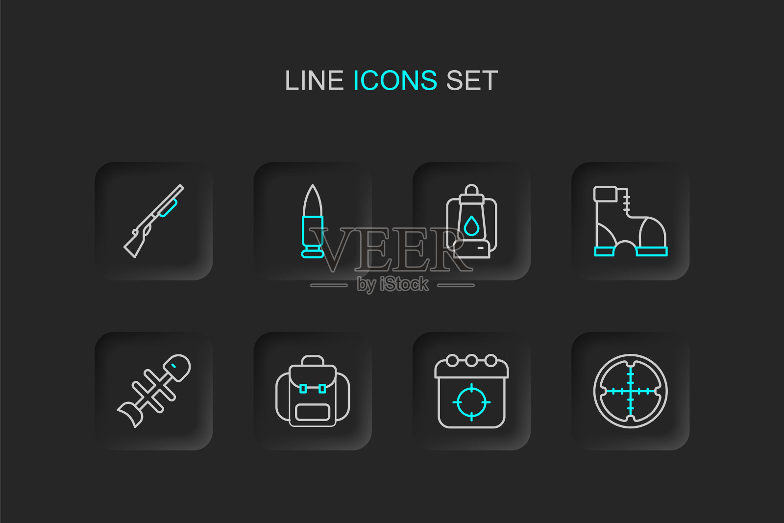 设置线狙击手光学瞄准具，目标运动，徒步背包，死鱼，猎人靴子，野营灯笼，子弹和狩猎枪图标。向量插画图片素材