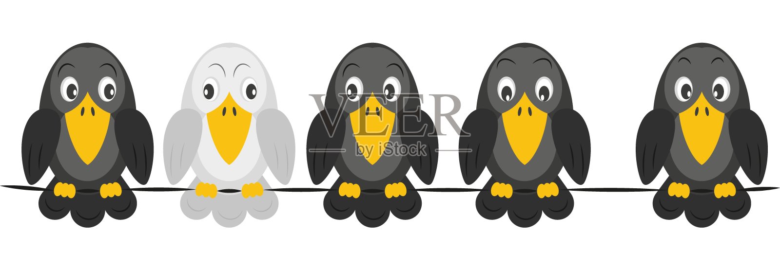 一群黑乌鸦中有一只白乌鸦。他人，局外人，个人。不同的思维。矢量插图。插画图片素材