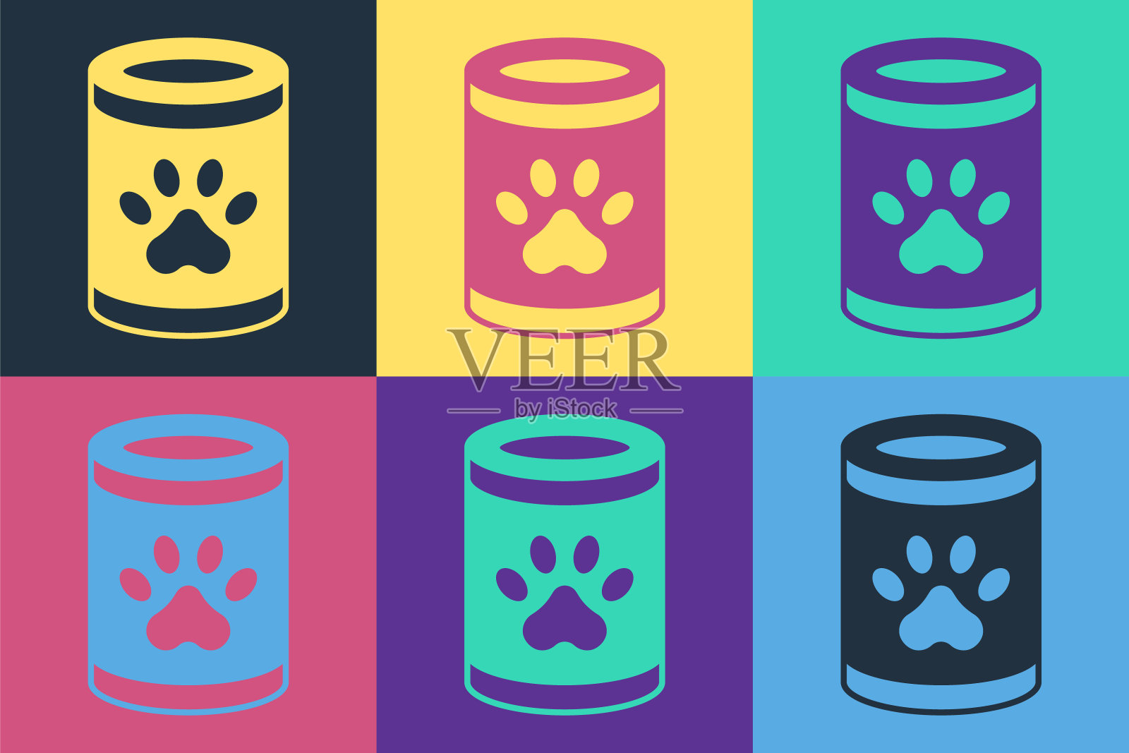 流行艺术罐头食品图标孤立的彩色背景。动物的食物。宠物食品可以。向量插画图片素材