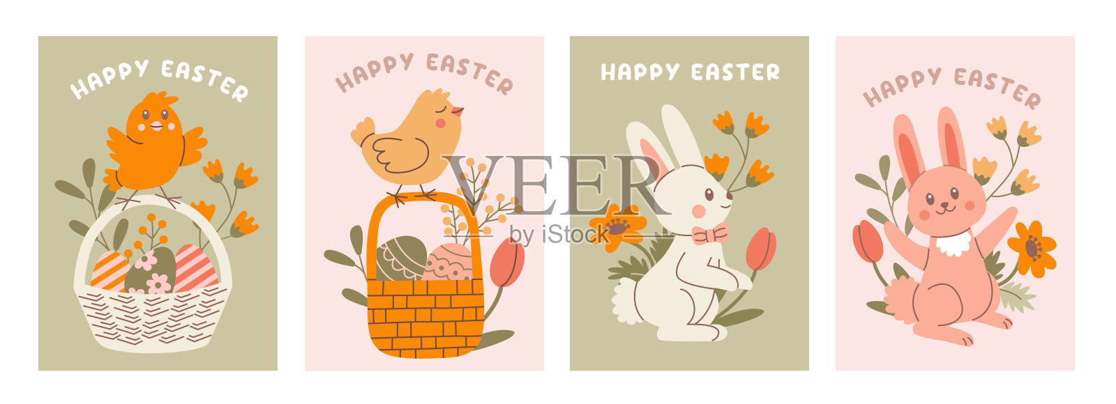 复活节快乐。一套横幅，贺卡，海报，节日封面。现代设计与排版，兔子和鸡。插画图片素材