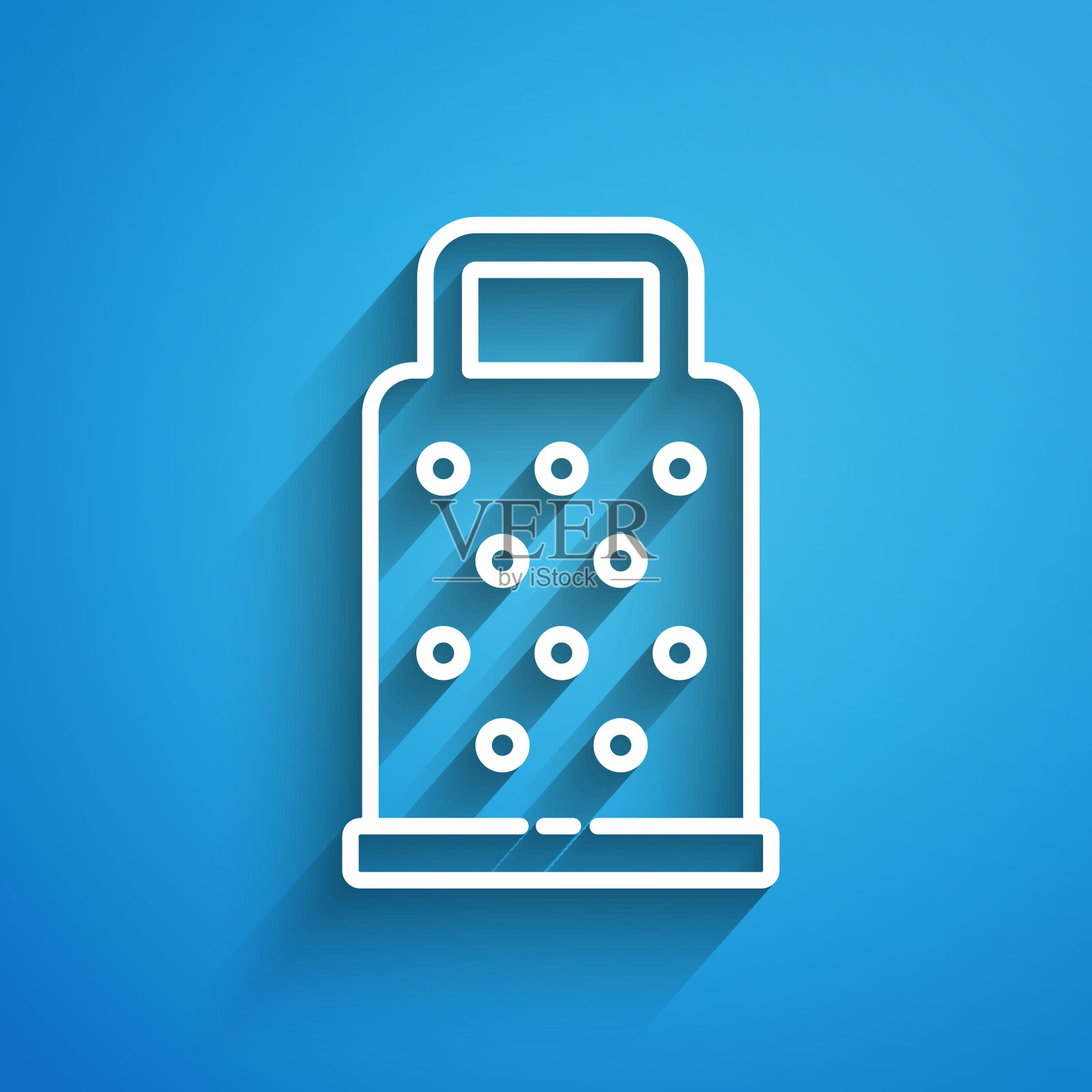 白线刨图标隔离在蓝色背景。厨房的象征。烹饪用具。餐具的迹象。长长的阴影。向量插画图片素材