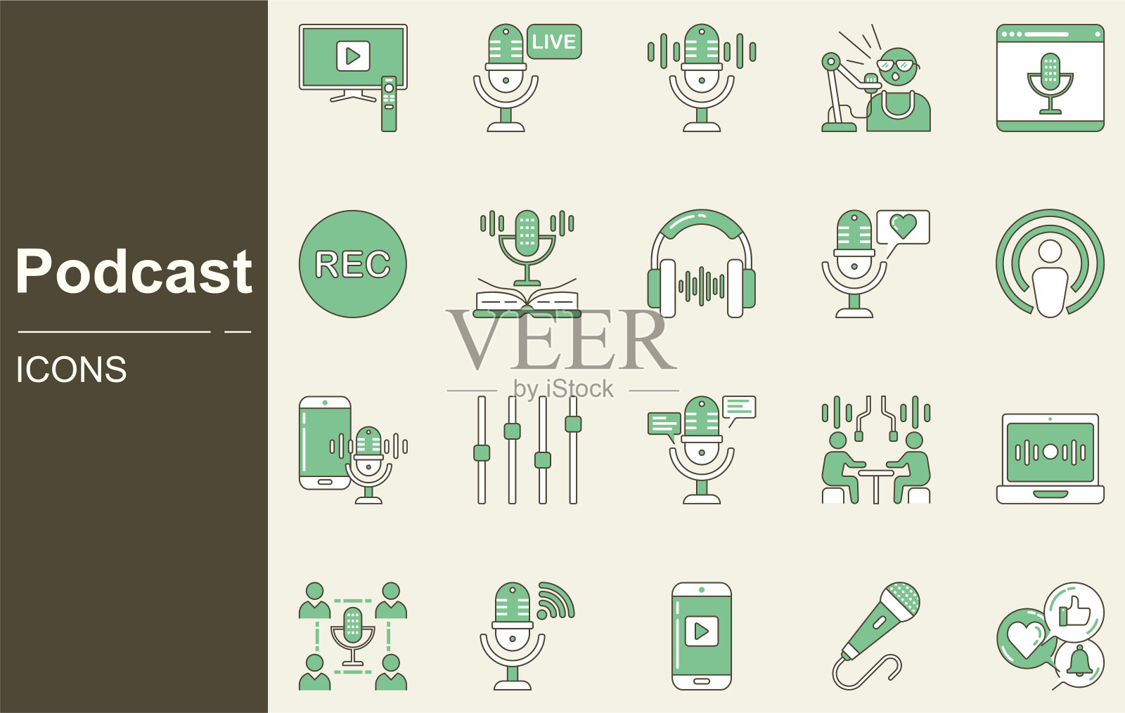播客图标集。采购产品电台，播客，谈话，耳机，声波，录音室录音，广播，流媒体，直播播客，影响者，声音，演讲，娱乐，采访，社交媒体插画图片素材