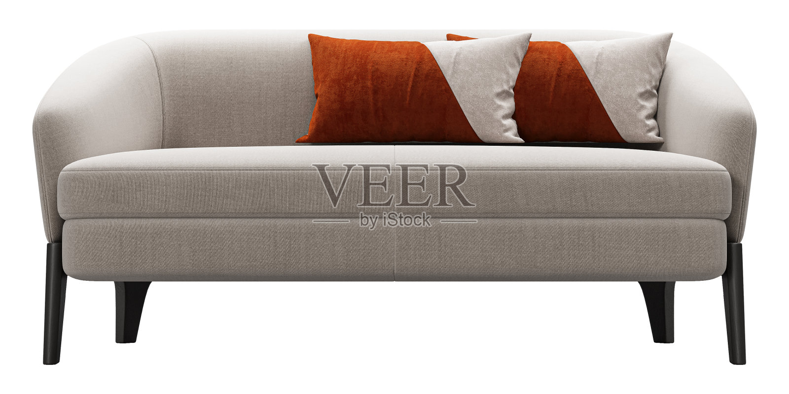 现代米色面料沙发与靠垫孤立在白色背景。家具的收藏。照片摄影图片