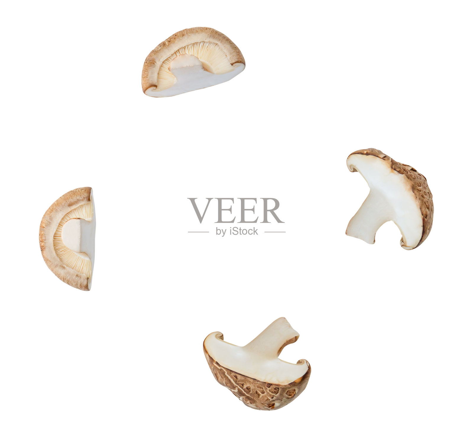 顶部视图集的香菇一半或切片孤立的白色背景与剪辑路径照片摄影图片