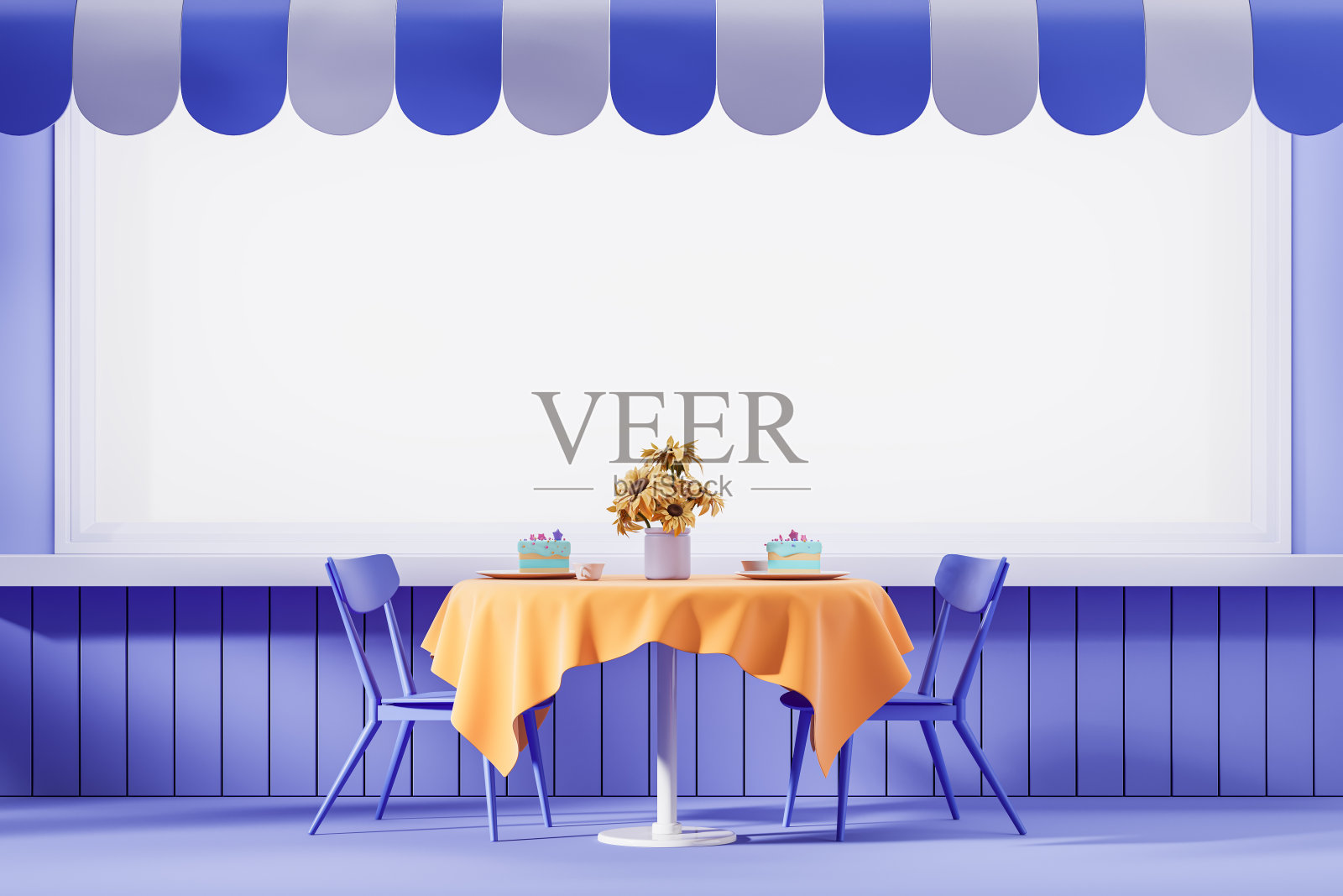 街头咖啡馆的桌子和海报照片摄影图片