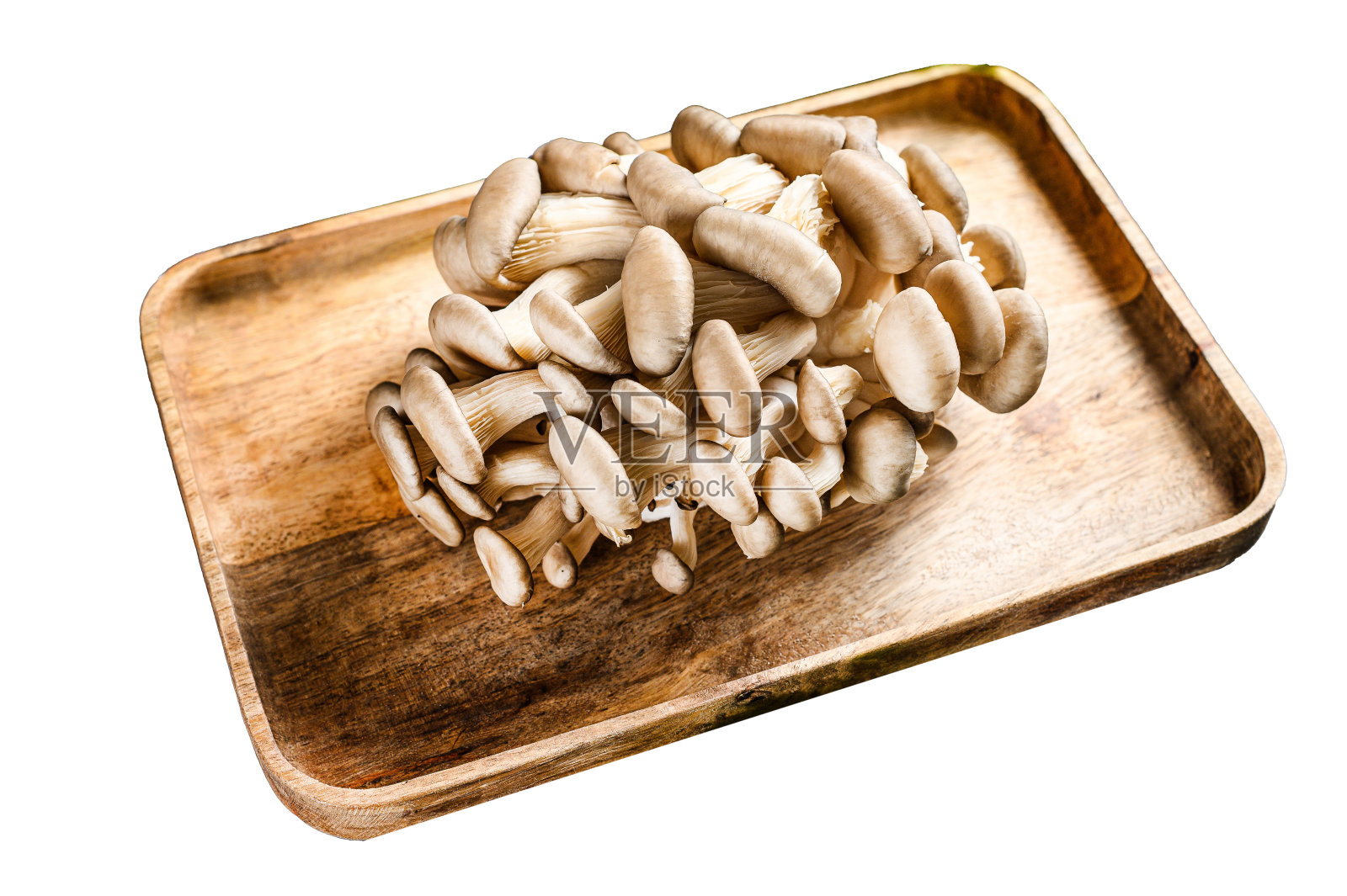 生蚝在木碗中孤立在白色背景。前视图。照片摄影图片