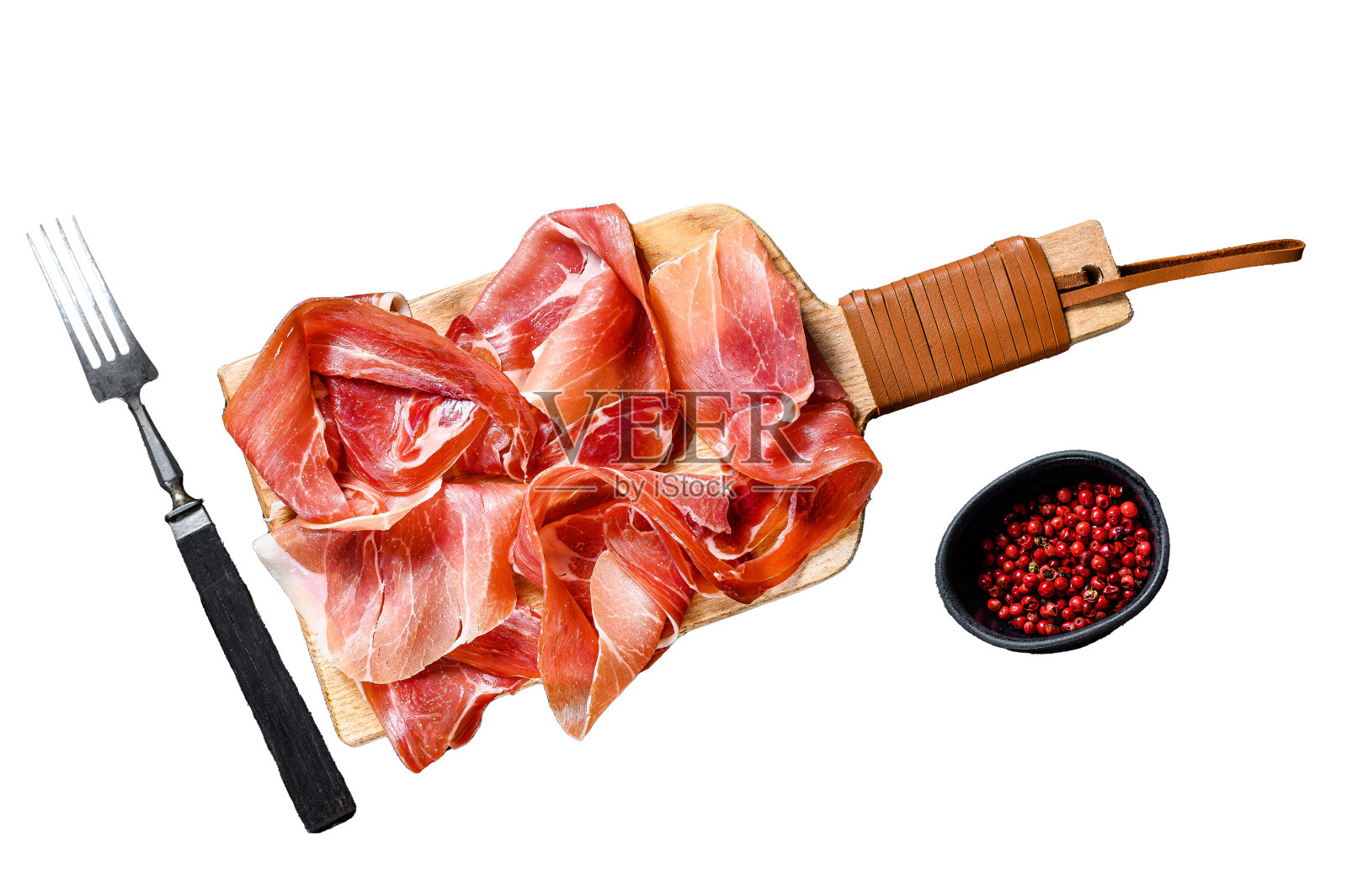 西班牙塞拉诺火腿。孤立在白色背景上。前视图。照片摄影图片