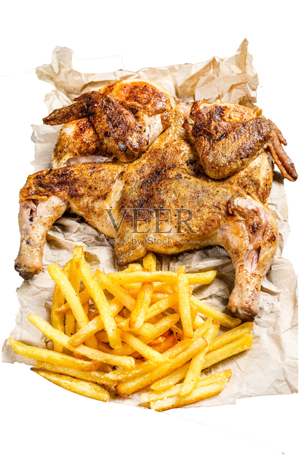 烤全鸡配土豆。孤立在白色背景上。前视图。照片摄影图片