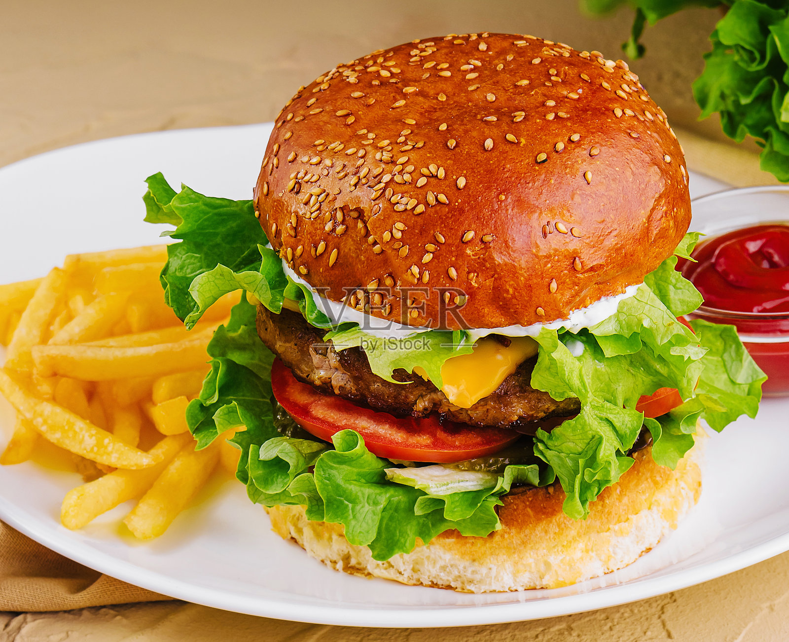 盘子里有芝士汉堡，薯条和番茄酱照片摄影图片