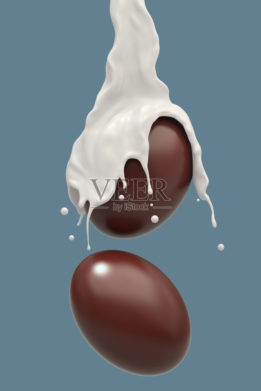 巧克力或可可球与融化的牛奶，剪切路径，3D渲染。照片摄影图片