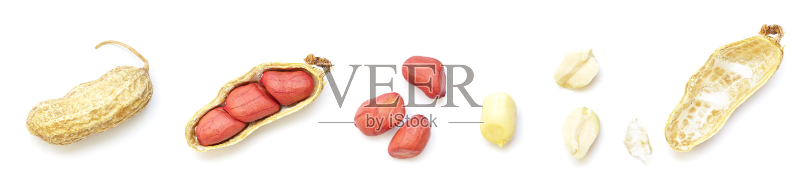 花生。在白色背景上孤立的烤坚果。俯视图照片摄影图片