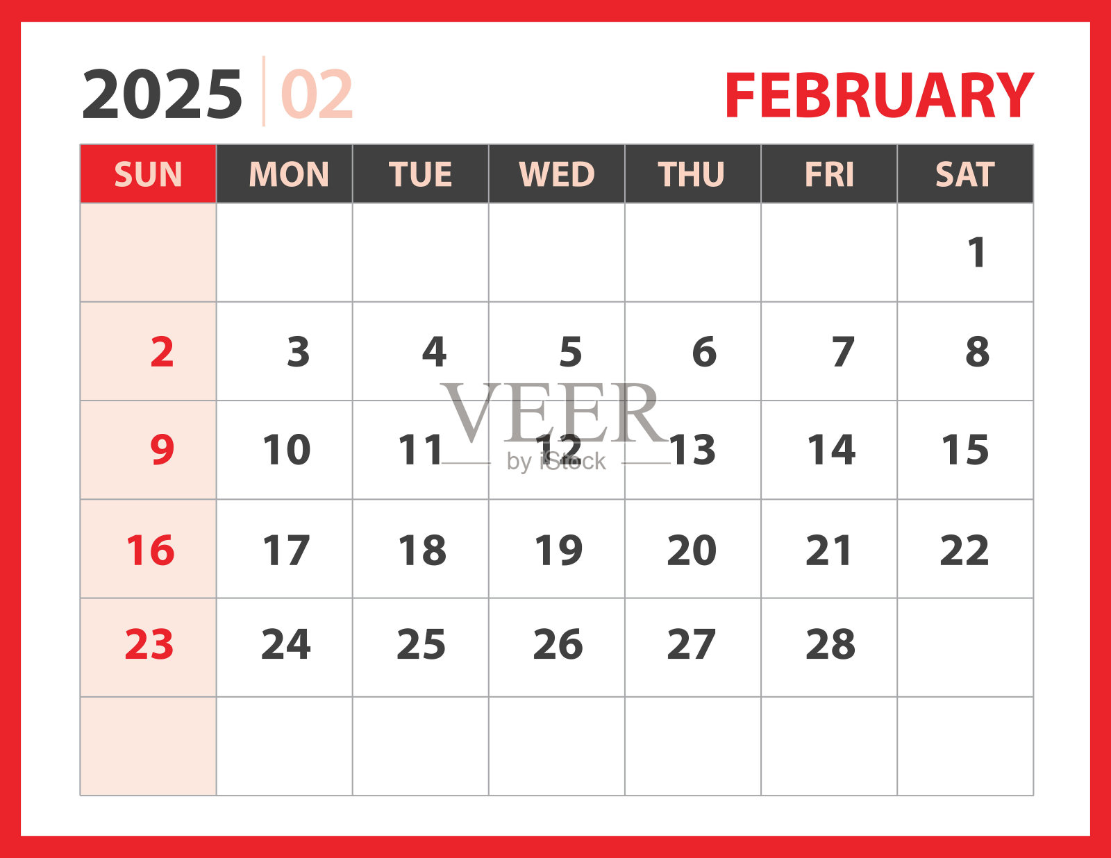 二月2025模板，日历2025设计矢量，规划布局，周开始周日，台历2025模板，文具。墙上日历上的红色背景，矢量eps 10插画图片素材