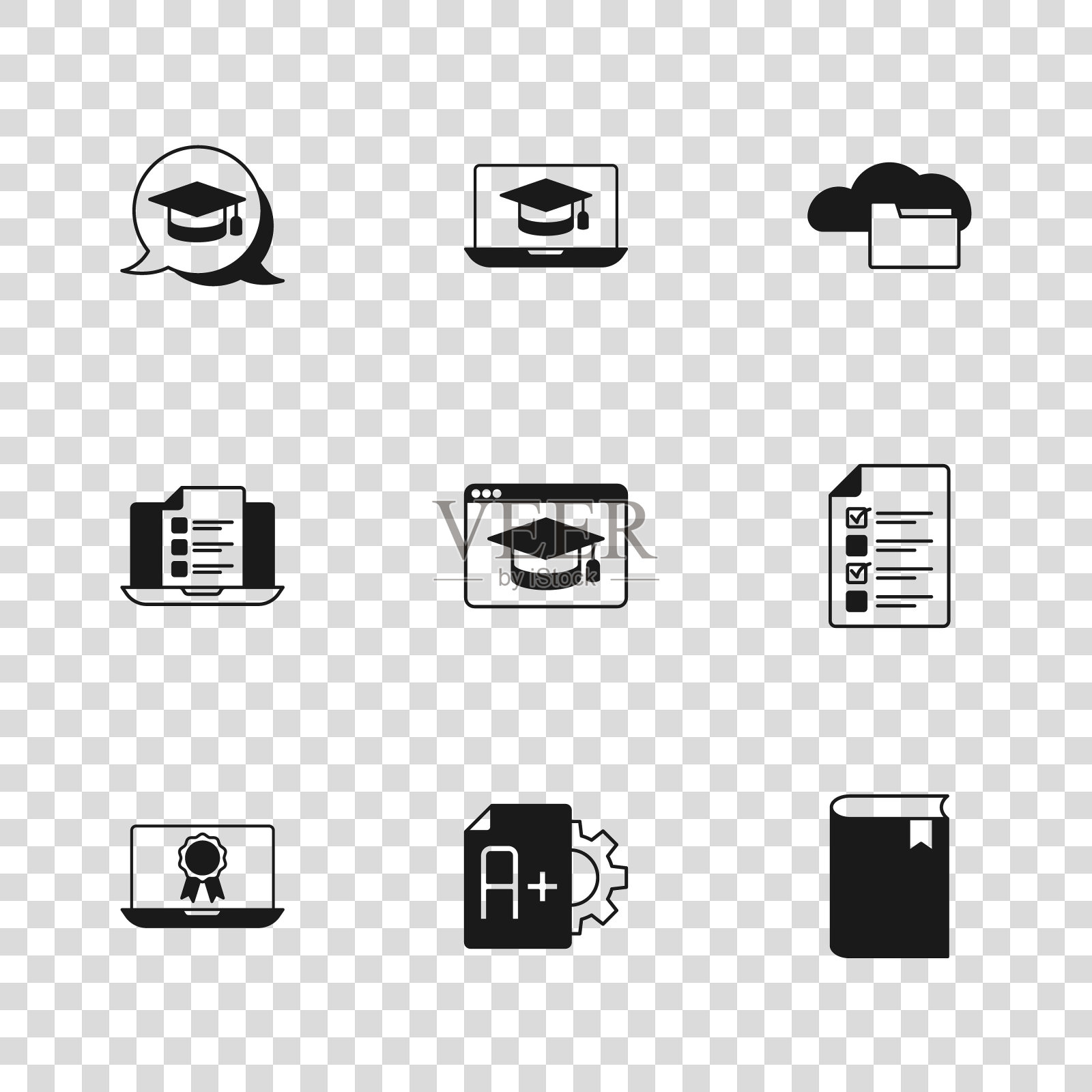 设置考试表与A +等级，在线测验，测试，调查，书籍，教育，云或在线图书馆，毕业帽演讲泡沫，笔记本电脑和图标。向量插画图片素材