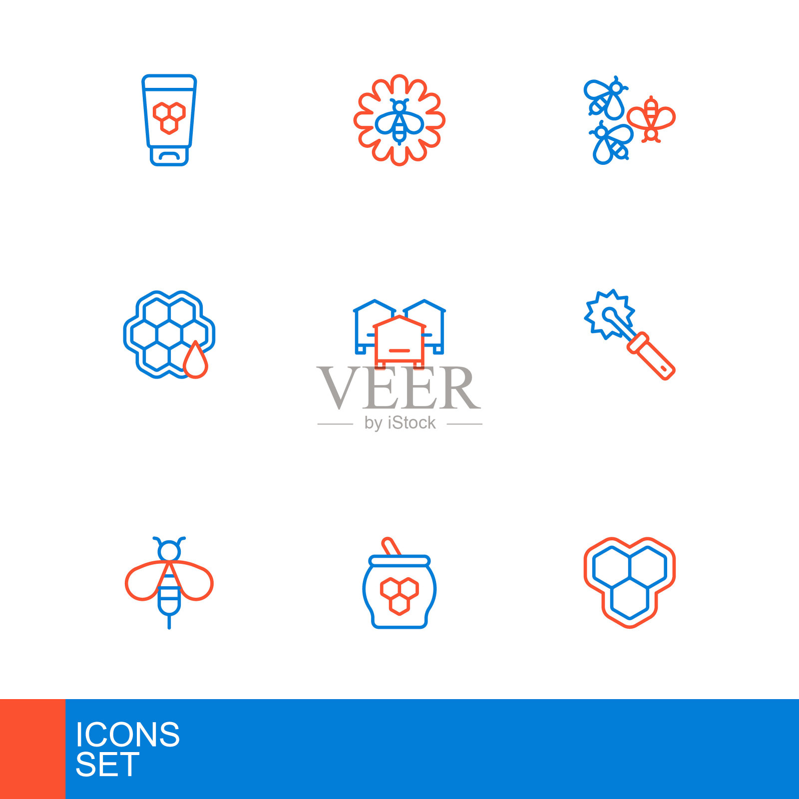 设置线蜂窝，罐的蜂蜜和斗棒，蜜蜂，刀具卷，蜂箱蜜蜂，蜜蜂和花的图标。向量插画图片素材