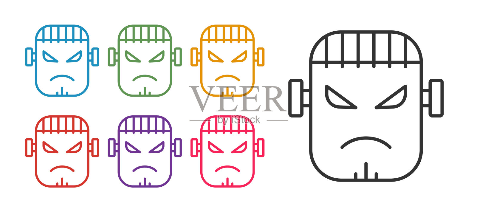 设定线可怕的怪物-弗兰肯斯坦的脸图标孤立的白色背景。万圣节派对快乐。设置图标彩色。向量插画图片素材