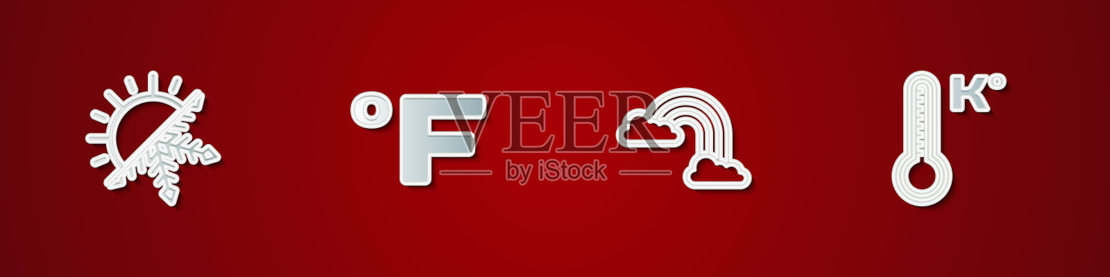 日落和雪花，华氏度，彩虹与云和气象温度计图标。向量插画图片素材