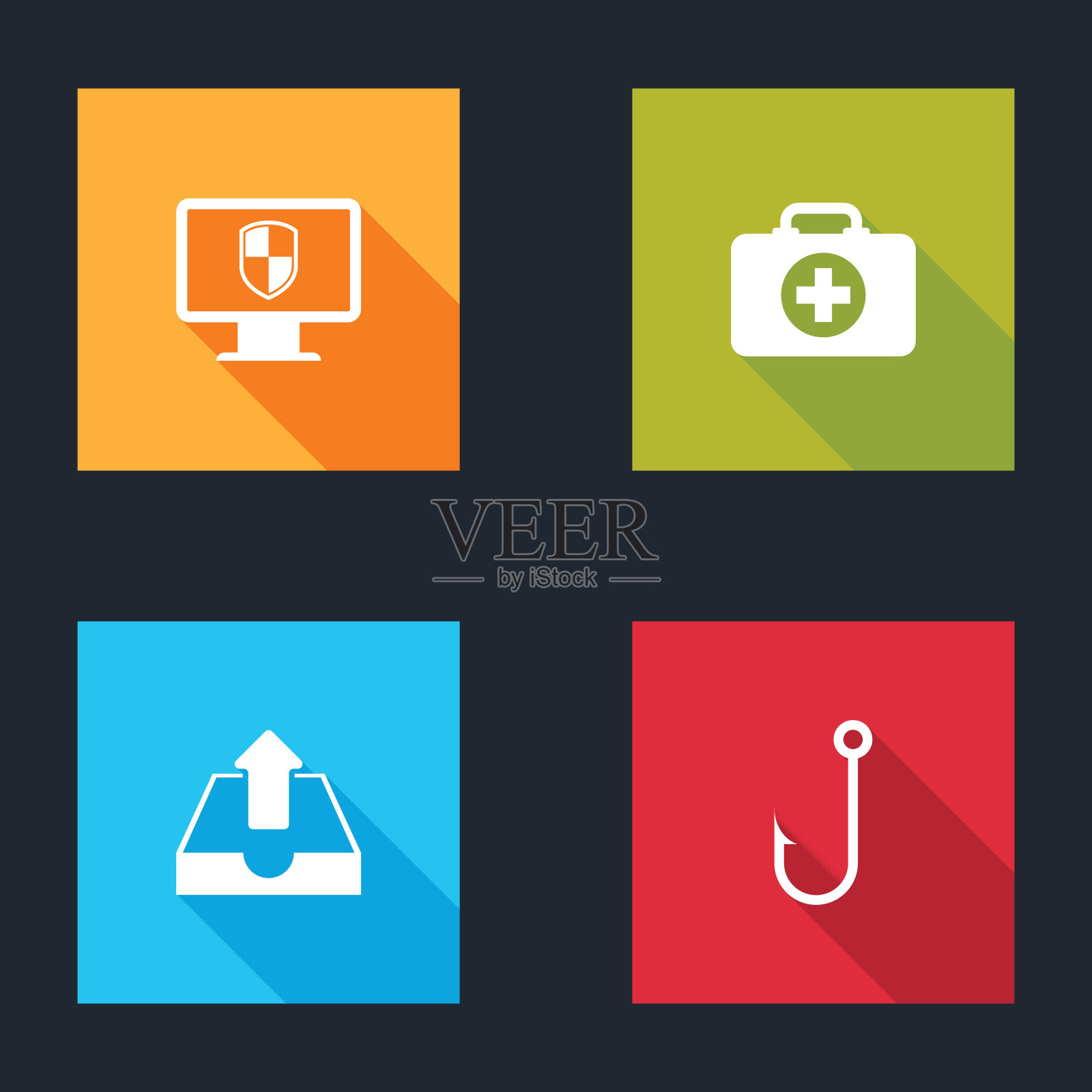 设置监视器和盾牌，急救箱，上传收件箱和钓鱼钩图标。向量插画图片素材