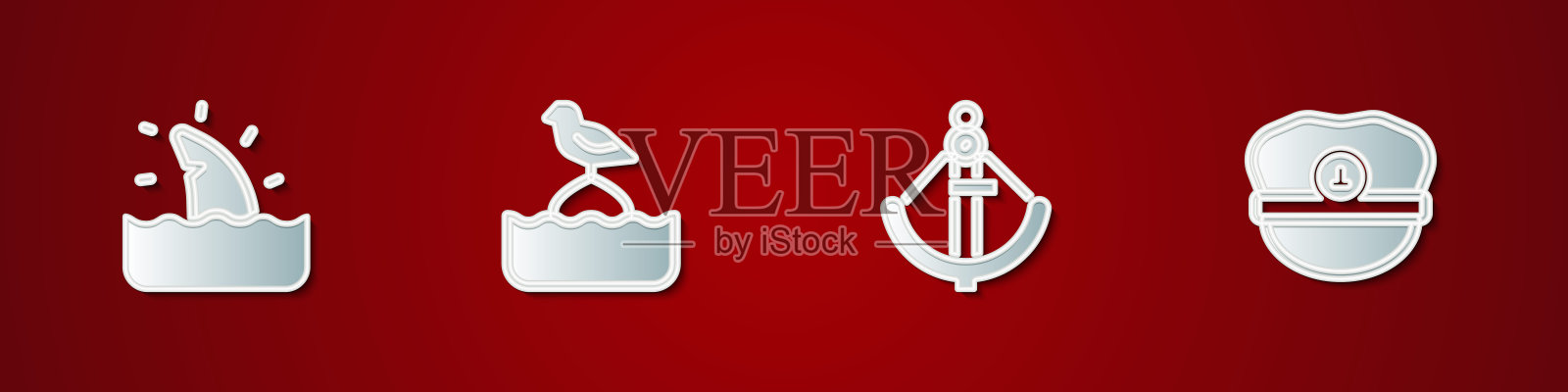 设置鲨鱼鳍在海浪，海鸥坐在浮标，锚和船长帽图标。向量插画图片素材