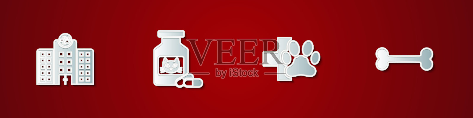 集兽药医院、猫药瓶、诊所、狗骨等图标。向量插画图片素材