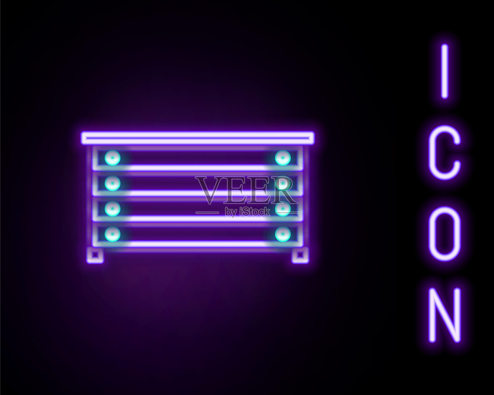 发光的霓虹灯线的抽屉柜图标孤立的黑色背景。色彩缤纷的轮廓概念。向量插画图片素材