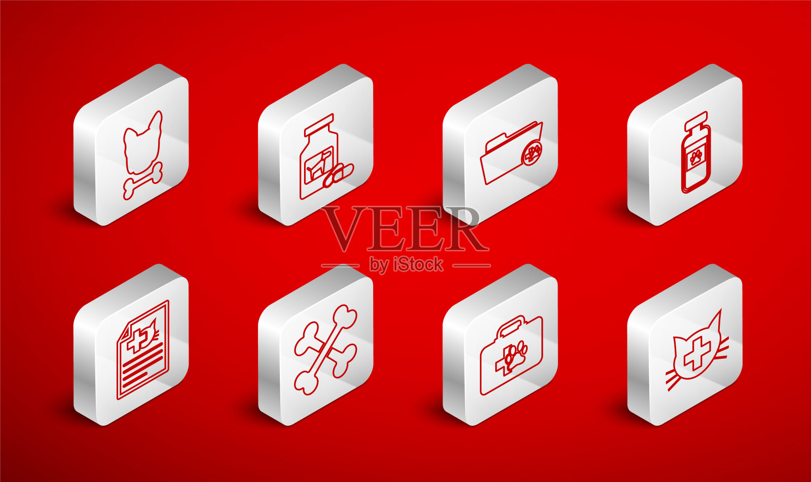 设置线兽医诊所，狗药瓶和药丸，医疗兽医记录文件夹，宠物小瓶医疗，急救箱，骨头，交叉骨头和证书的狗猫图标。向量插画图片素材