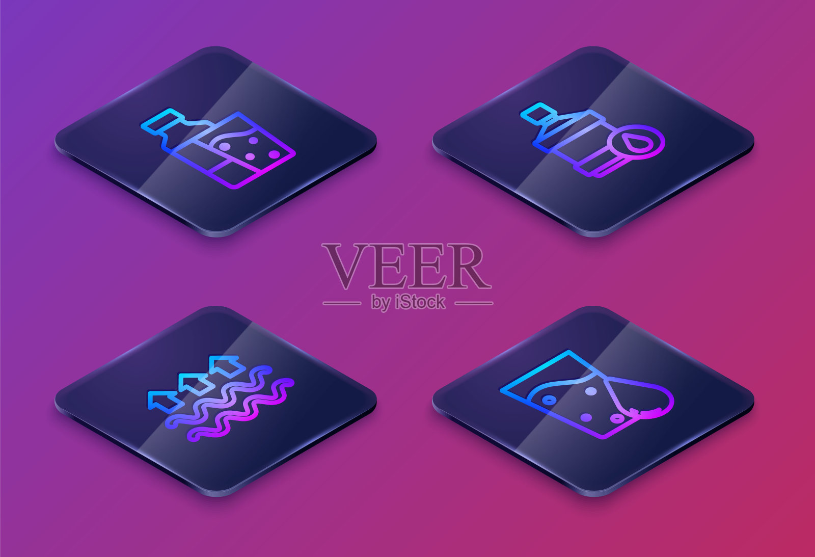 设置等距线，瓶装水有玻璃，波浪和蒸发，大瓶清洁和玻璃。蓝色方形按钮。向量插画图片素材