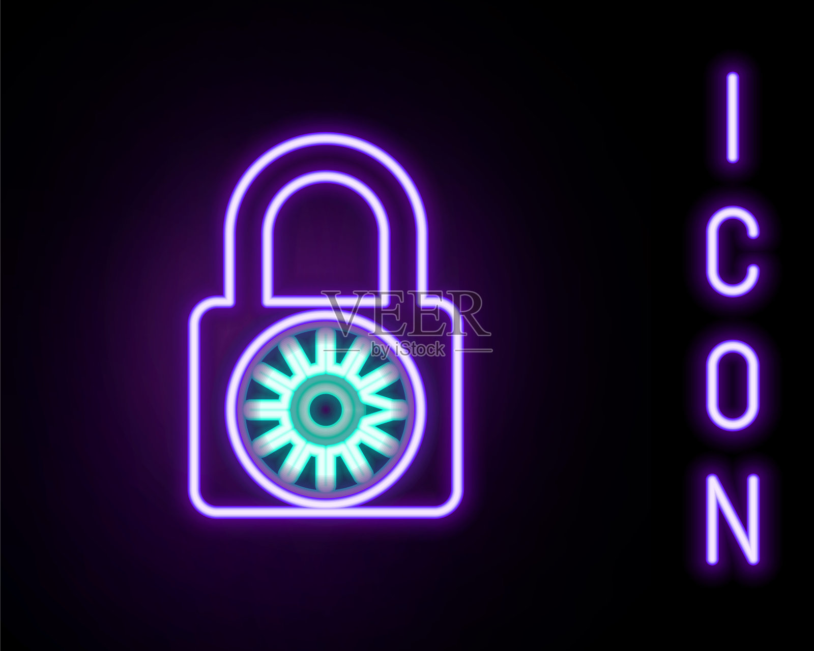 发光的霓虹灯线安全组合锁轮图标孤立的黑色背景。组合挂锁。安全，安全，保护，密码，隐私。色彩缤纷的轮廓概念。向量插画图片素材