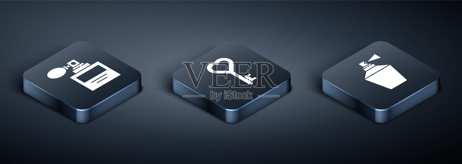 设置等距香水，香水和关键在心形图标。向量插画图片素材