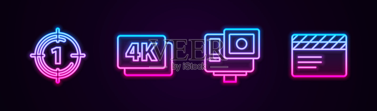 老电影倒计时帧，4k超高清，动作极限相机和电影拍板。发光的霓虹灯图标。向量插画图片素材